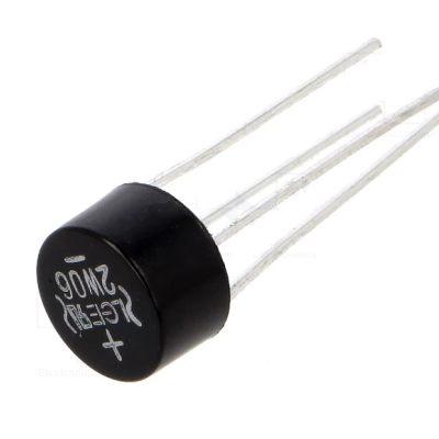 Componente eletrónico preto cilíndrico com quatro terminais metálicos