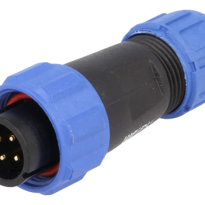 Conector elétrico cilíndrico preto com extremidades azuis e pinos dourados