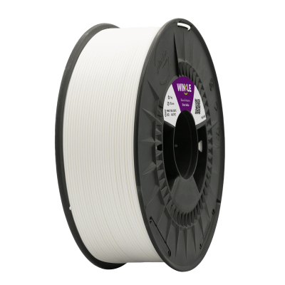 Bobina de filamento branco para impressora 3D com etiqueta roxa