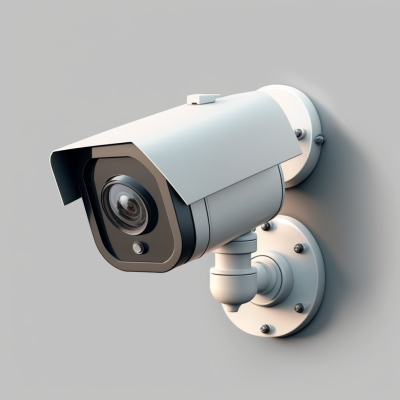 Câmara de segurança fixa branca com lente preta montada na parede