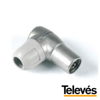 Conector coaxial em ângulo reto metálico com ponta branca sobre fundo branco e logo Televes