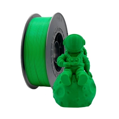 Rolo de filamento verde para impressora 3D com figura verde de astronauta sentado na Lua