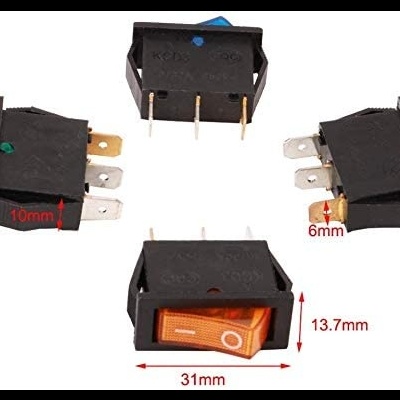 Interruptores de pressão retangulares com botões coloridos e terminais metálicos, com medidas visíveis