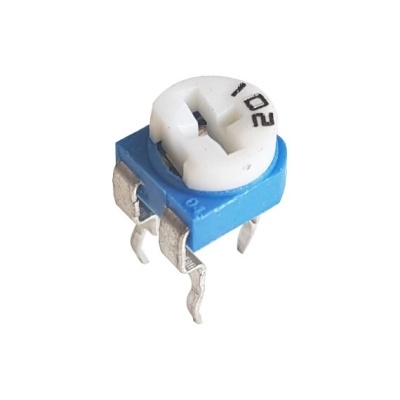Potenciômetro trimpot azul e branco com três terminais metálicos