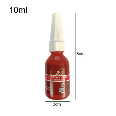 Frasco pequeno vermelho de 10ml com tampa branca e texto THREADLOCKER 263