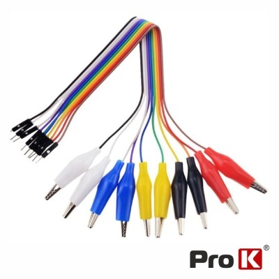 Cabos elétricos com pinças crocodilo coloridas e terminais de pinos pretos, logótipo Pro K