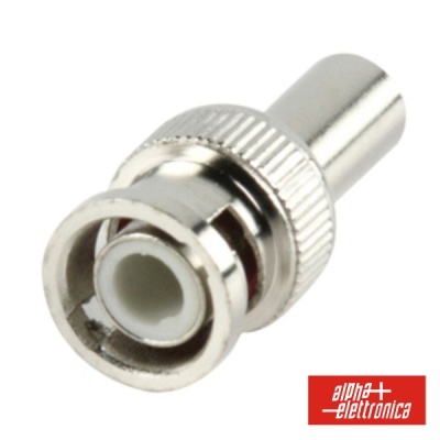 Conector de vídeo BNC metálico com isolamento branco e logótipo alpha elettronica