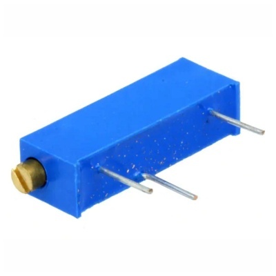 Resistor variável azul com parafuso dourado e três pinos metálicos