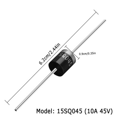 Diodo de potência preto cilíndrico com texto e dimensões