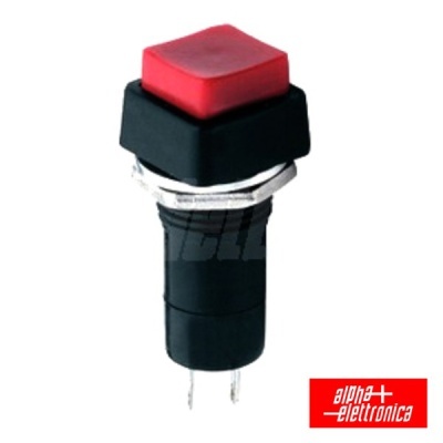 Botão interruptor pressão vermelho com base preta e terminais metálicos