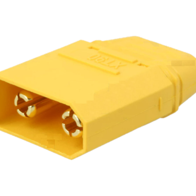 Conector elétrico amarelo com dois pinos e inscrição XT60