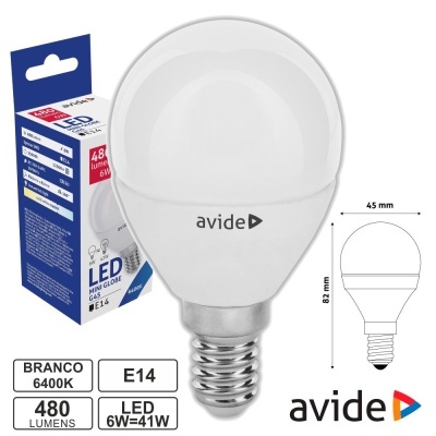 Lâmpada LED Avide mini globo E14 branca 6400K com embalagem e dimensões