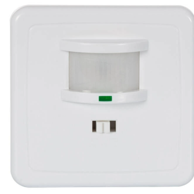 Sensor de movimento branco com janela translúcida e indicador verde