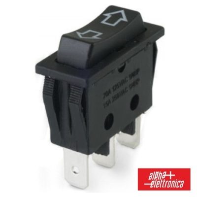 Interruptor elétrico preto com setas brancas e logótipo alpha+ elettronica