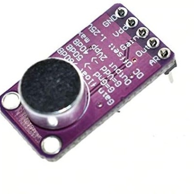 Módulo sensor microfone roxo com pinos de conexão e texto impresso