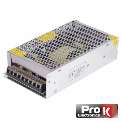 Fonte de alimentação metálica perfurada com conector de terminais e etiquetas amarelas