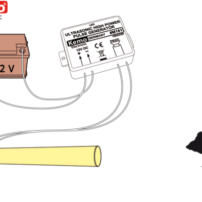 Gerador de pulsos ultrasónico KEMO com bateria 12V, tubo amarelo e rato desenhado