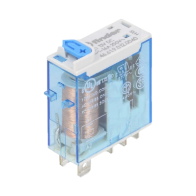 Relé eletromecânico transparente azul com bobina de cobre à vista