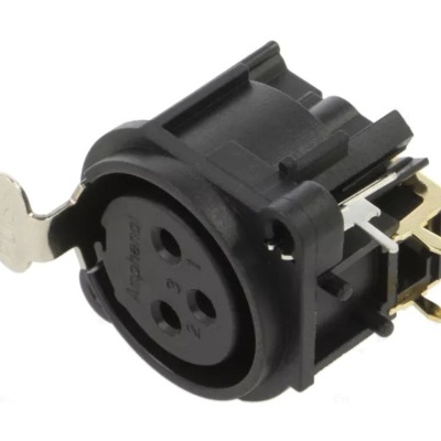 Conector elétrico feminino preto de 3 pinos com contactos metálicos dourados