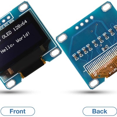Dois ecrãs OLED 0,96 polegadas 128x64 com texto e conexões visíveis