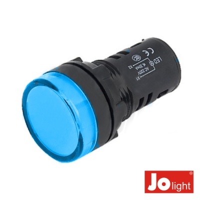 Botão elétrico azul e preto com texto LED 220-240V e logótipo Jo light