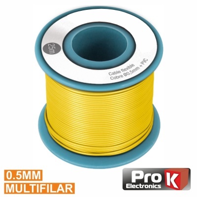 Carretel de fio elétrico amarelo com etiquetas e logótipo Pro Electronics K