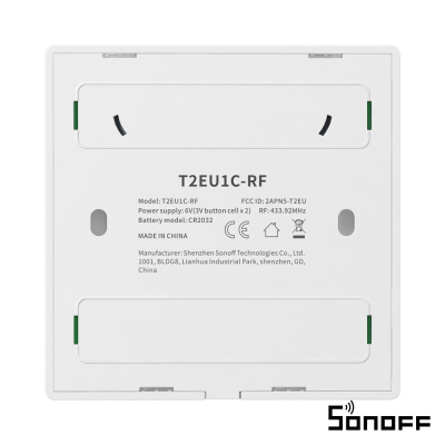 Dispositivo branco Sonoff T2EU1C-RF visto de trás com texto impresso