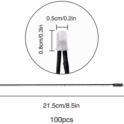 Sensores ou LEDs pequenos com fios pretos, 21,5 cm de comprimento, 100 unidades.