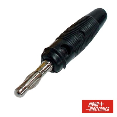 Plugue banana preto e metal prateado com logotipo alpha-elettronica