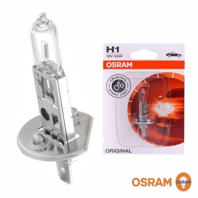 Lâmpada OSRAM H1 e embalagem original em fundo branco