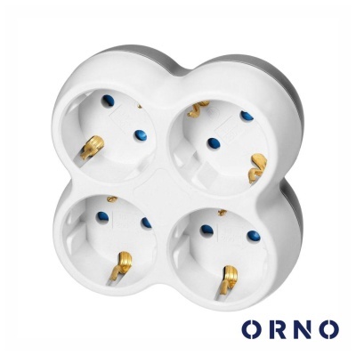 Tomada elétrica branca de quatro saídas com detalhes metálicos dourados e azuis