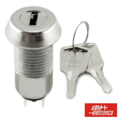 Fechadura cilíndrica prateada com duas chaves e logótipo Alpha Elettronica