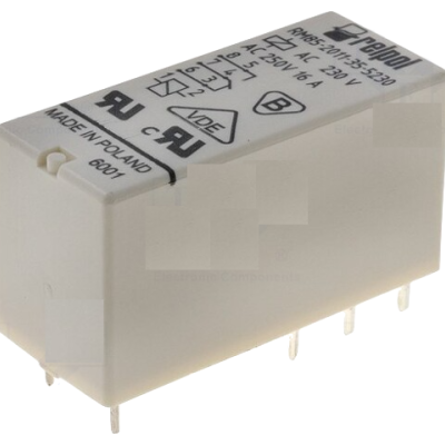 Relé elétrico branco retangular com texto técnico impresso na parte superior e oito pinos metálicos