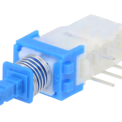 Interruptor mecânico plástico branco e azul com mola e terminais de metal