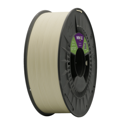 Rolo de filamento para impressora 3D bege em carretel cinzento com etiqueta colorida