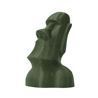 Escultura decorativa verde escuro com textura pontilhada branca, figurando estátua Moai