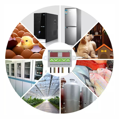 Controlador digital no centro rodeado por imagens de tecnologia, casa, animais, laboratório e agricultura