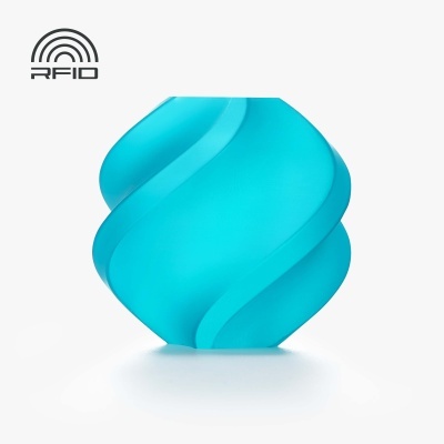 Objeto azul arredondado com textura em espiral e símbolo RFID num fundo branco