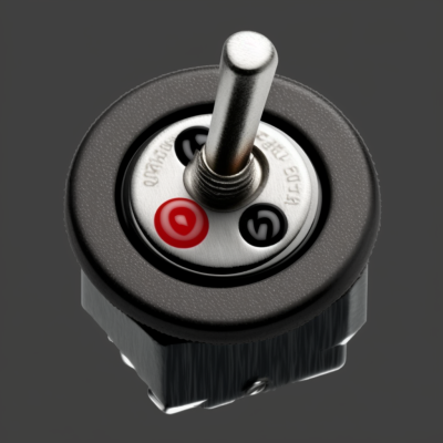 Interruptor seletor metálico com base preta e indicações em vermelho e preto