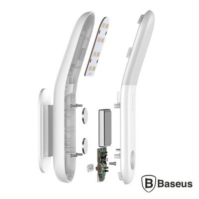 Dispositivo branco desmontado com partes internas visíveis e logótipo Baseus