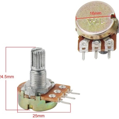 Potenciômetro rotativo metálico com base redonda e eixo estriado