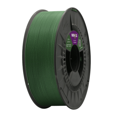 Rolo de filamento plástico verde para impressora 3D com bobina preta e etiqueta roxa e verde