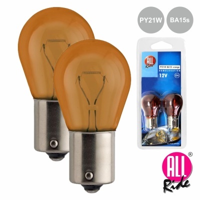 Duas lâmpadas ambar para automóvel com embalagem azul da marca ALL Ride.