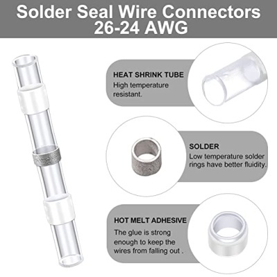 Conector de fios transparente com selo de soldadura 26-24 AWG e descrição das suas partes