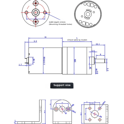 Desenho técnico de motor com dimensões e suporte