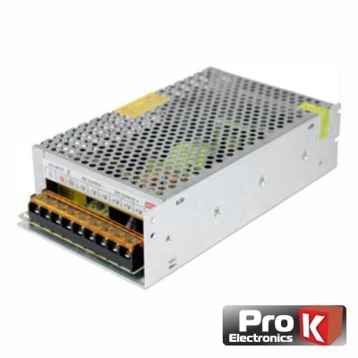 Fonte de alimentação metálica perforada com conectores elétricos e logótipo Pro K