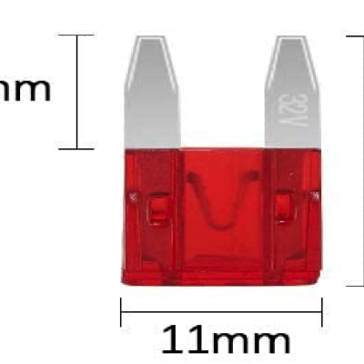 fusível automóvel de lâmina vermelho com dimensões e texto 32V
