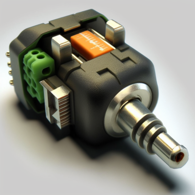 conector áudio metalizado preto com pinos verdes e componente laranja