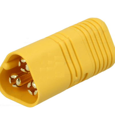 Conector elétrico amarelo com três pinos metálicos