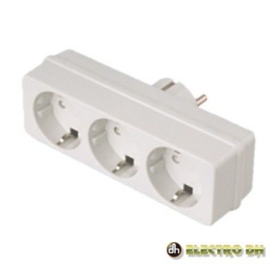 Adaptador elétrico branco com três tomadas e ficha macho